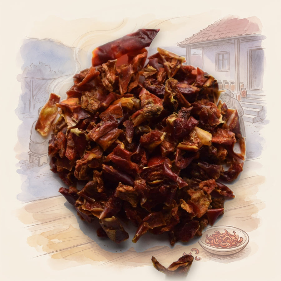 Red Bell Pepper Flakes spice, shown over a chalk-and-watercolour illustration