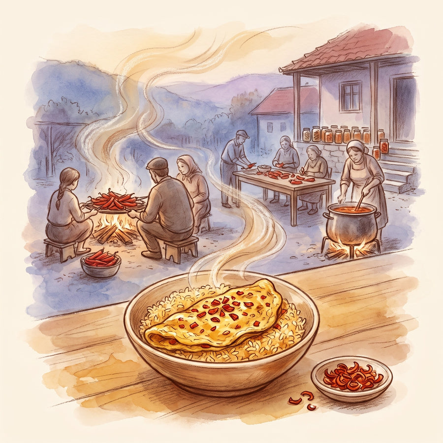 Illustration: Red Bell Pepper Flakes with a Balkan village yard on an autumn day