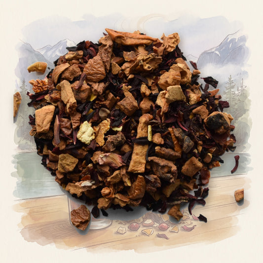Bella Coola loose leaf tea, shown over a chalk-and-watercolour illustration