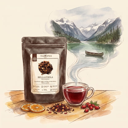 Illustration of Bella Coola in The Tea & Spice Shoppe pouch, with the Bella Coola Valley on British Columbia's central coast