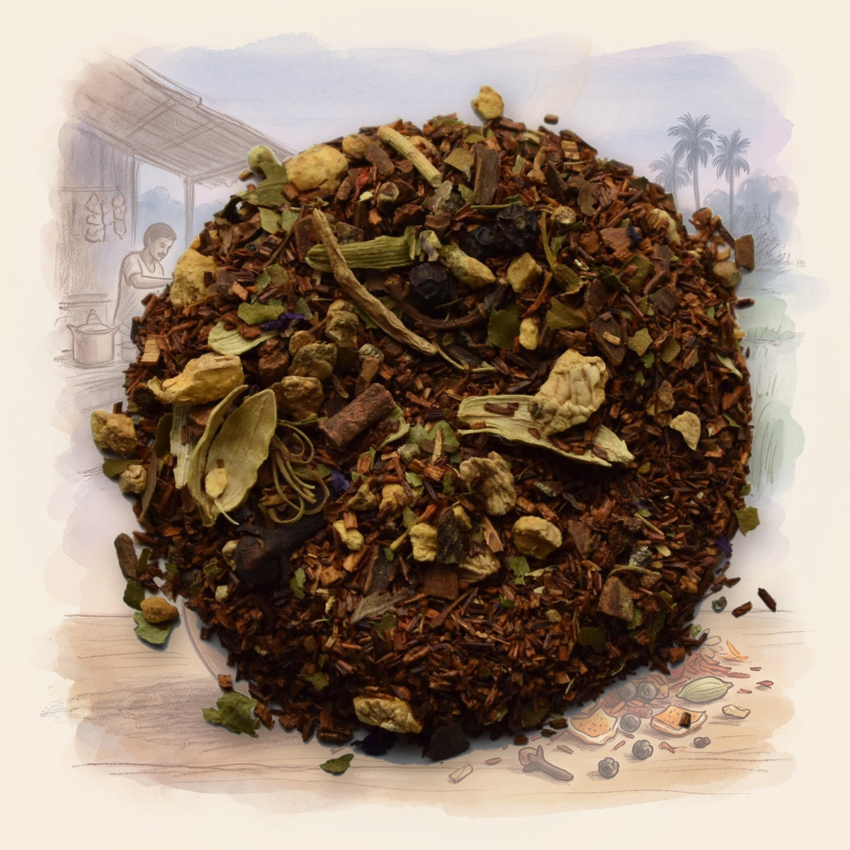 Bengal Tiger Spice loose leaf tea, shown over a chalk-and-watercolour illustration