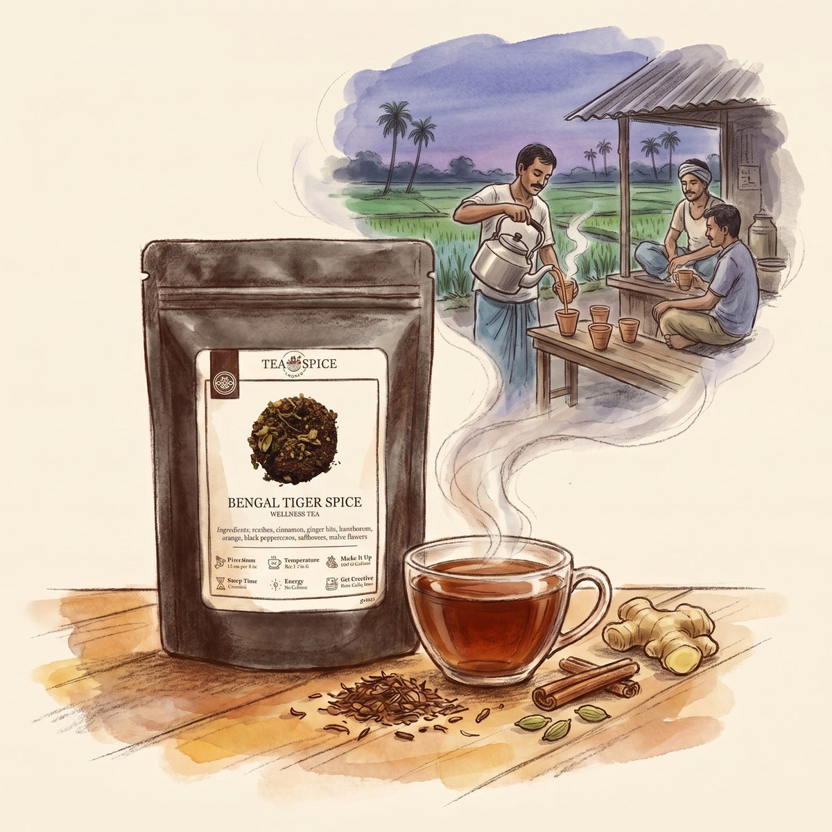 Illustration of Bengal Tiger Spice in The Tea & Spice Shoppe pouch, with a roadside chai stall in rural Bengal at dusk