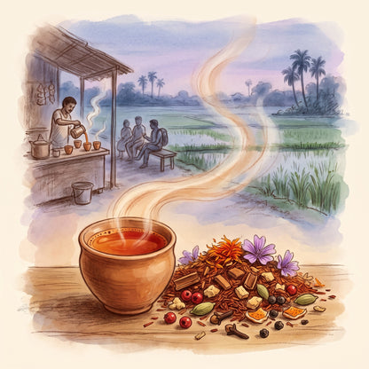 Illustration: Bengal Tiger Spice with a roadside chai stall in rural Bengal at dusk