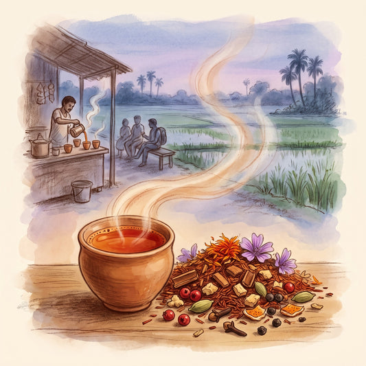 Illustration: Bengal Tiger Spice with a roadside chai stall in rural Bengal at dusk