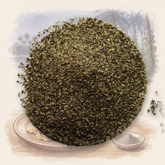 Pepper, Black, Ground spice, shown over a chalk-and-watercolour illustration