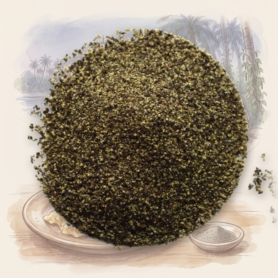 Pepper, Black, Ground spice, shown over a chalk-and-watercolour illustration