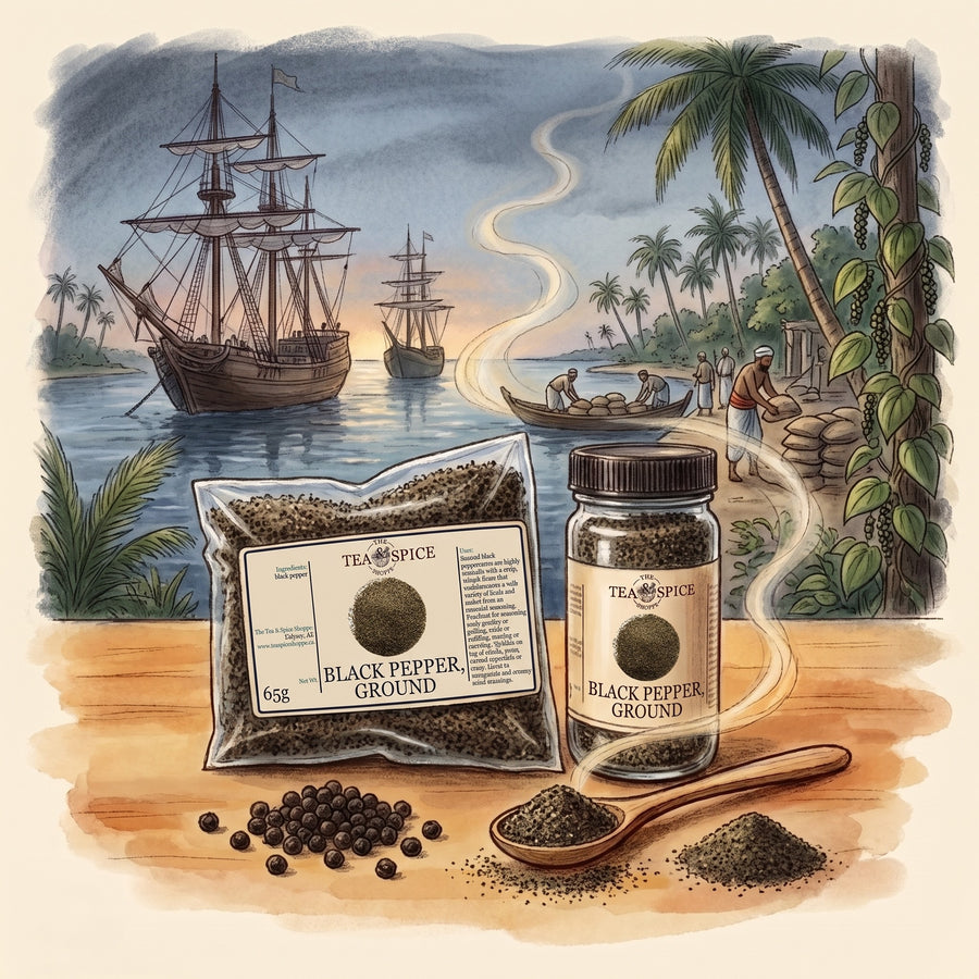 Illustration of Pepper, Black, Ground in The Tea & Spice Shoppe bag and jar, with the ancient port of Muziris on the Malabar Coast in Roman times