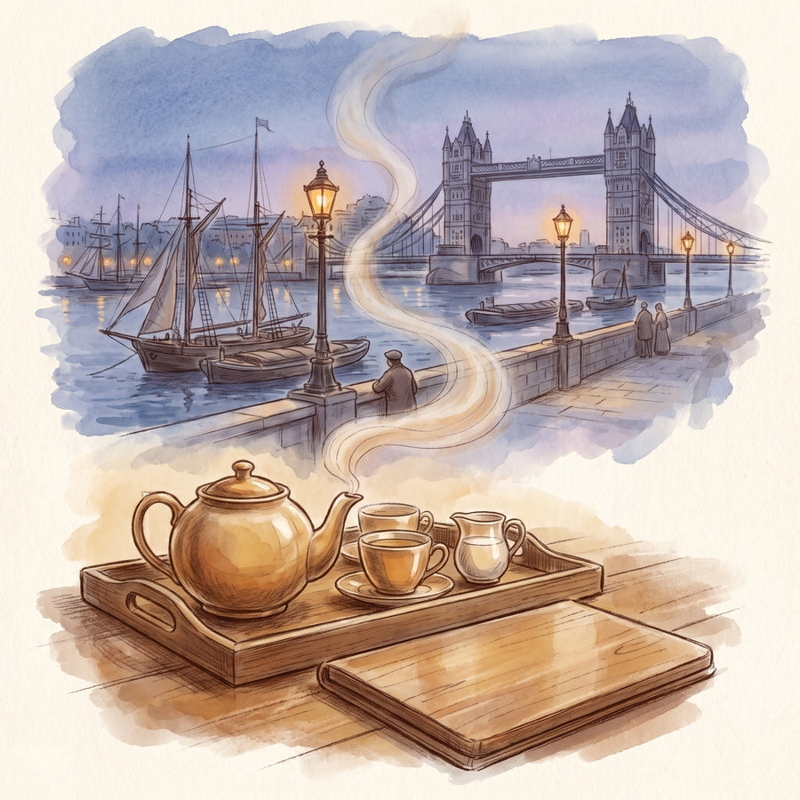 Illustration: Loose Leaf Black Tea Set: 5 Classics, a tea tray by the Thames, Tower Bridge beyond