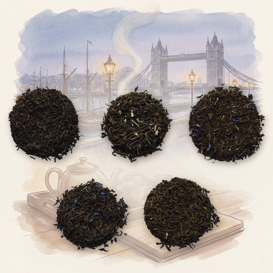 Loose Leaf Black Tea Set: 5 Classics: Bourbon Street Vanilla, Breakfast In Paris, Buckingham Palace Garden Party, Cream of Earl Grey and London Calling, shown over a chalk-and-watercolour illustration