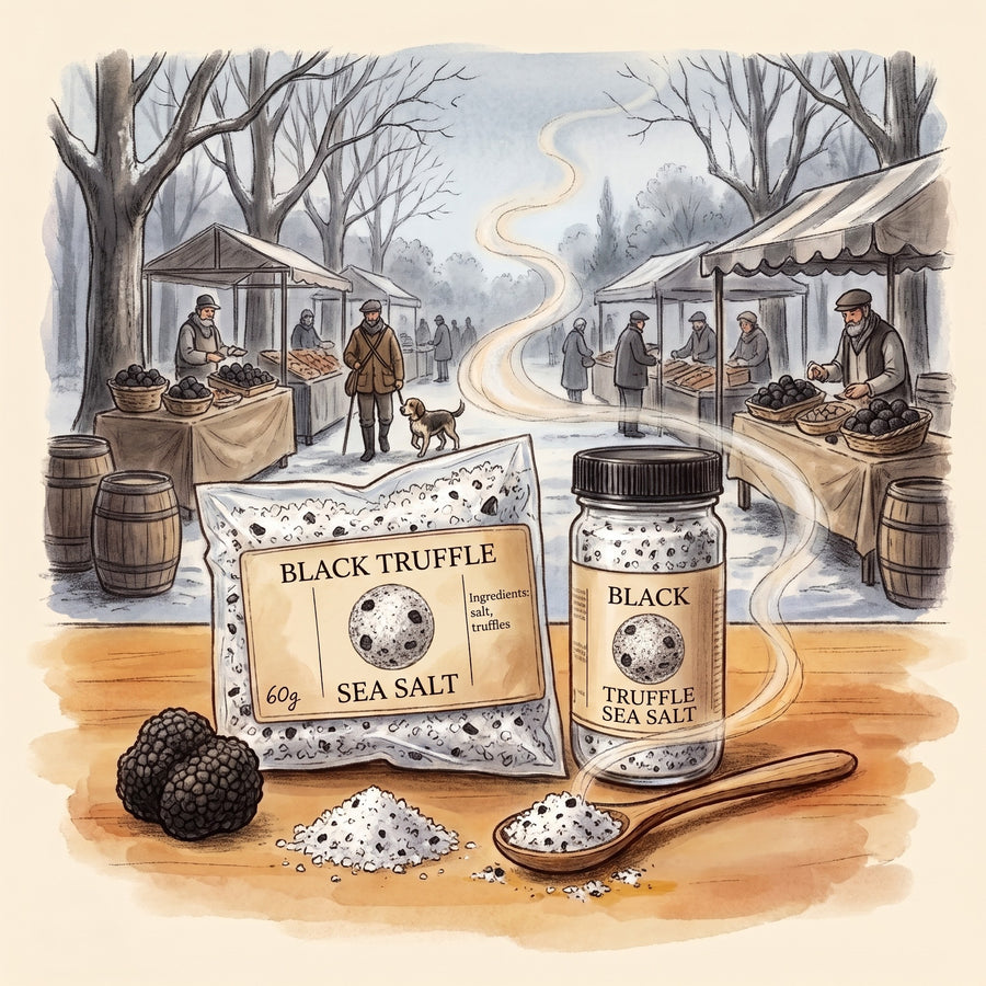 Illustration of Black Truffle Sea Salt in The Tea & Spice Shoppe bag and jar, with Richerenches in Provence on a frosty January morning