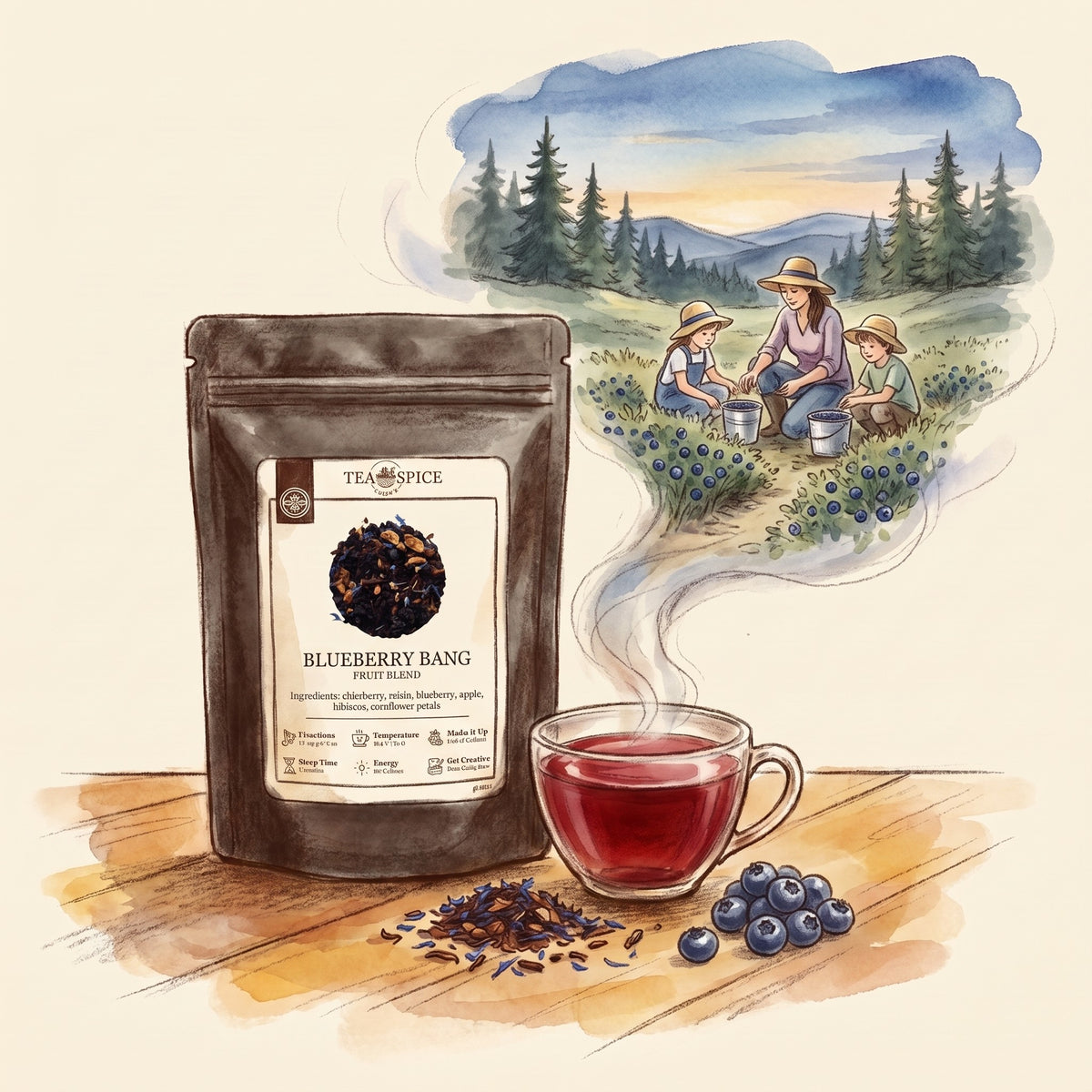 Illustration of Blueberry Bang in The Tea & Spice Shoppe pouch, with a blueberry clearing in August long ago