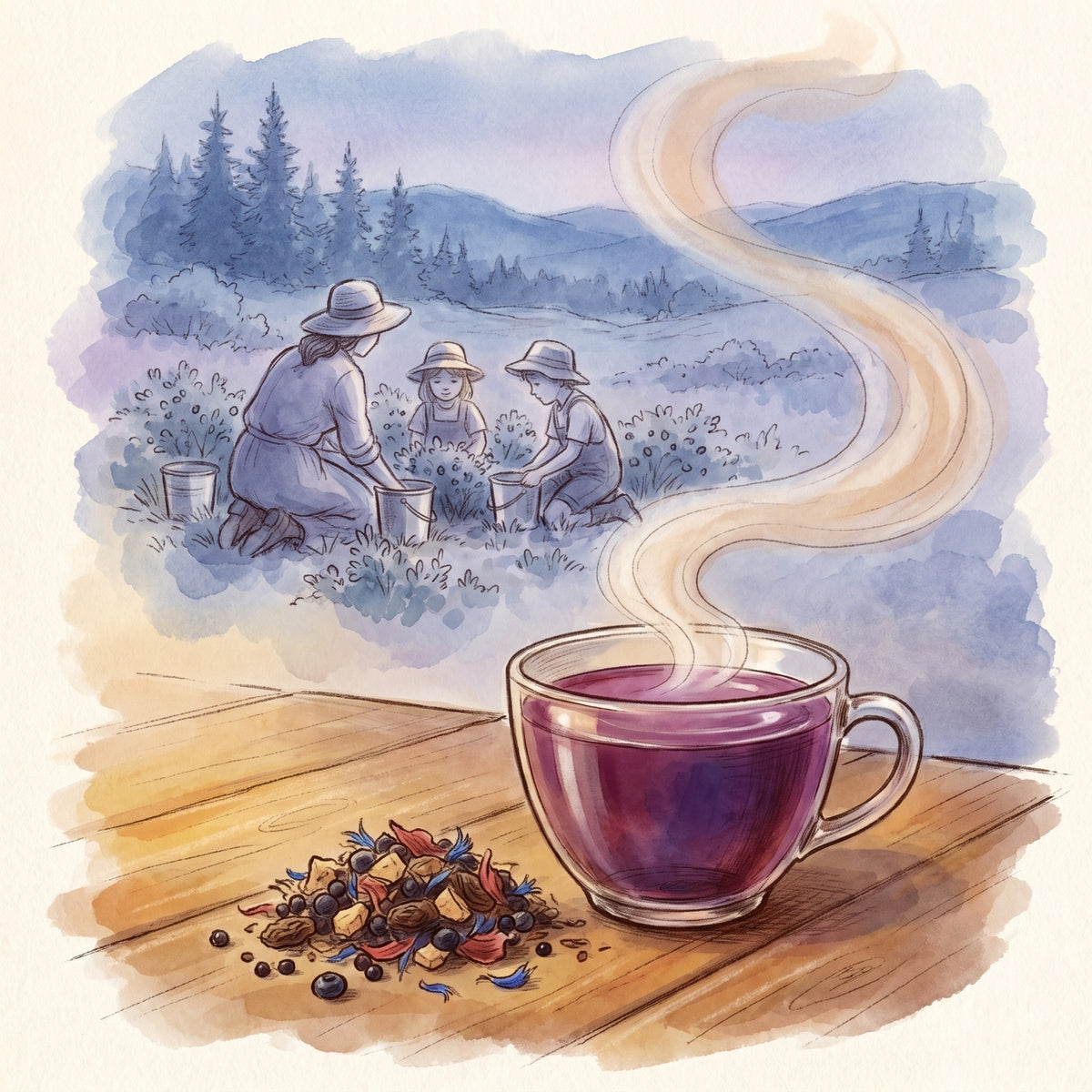 Illustration: Blueberry Bang with a blueberry clearing in August long ago
