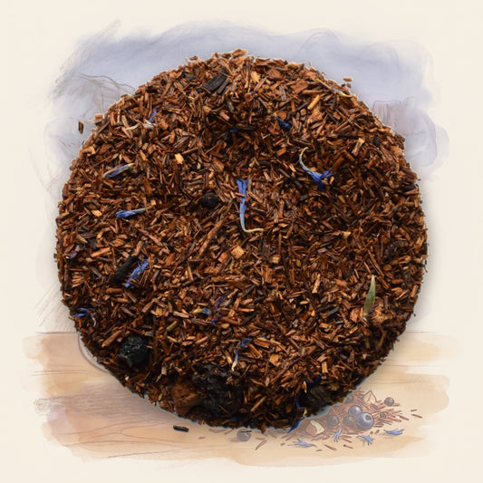 Blueberry Bang Rooibos loose leaf tea, shown over a chalk-and-watercolour illustration