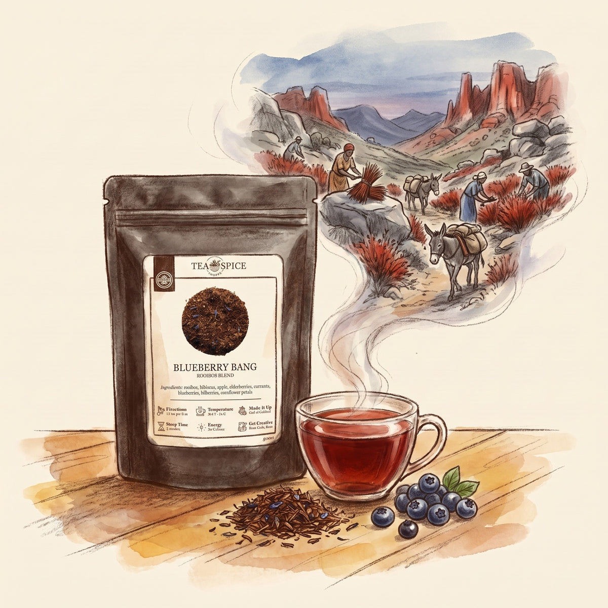 Illustration of Blueberry Bang Rooibos in The Tea & Spice Shoppe pouch, with the Cederberg mountains of South Africa's Western Cape long ago