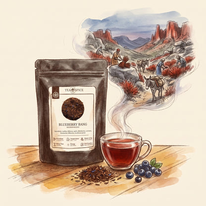 Illustration of Blueberry Bang Rooibos in The Tea & Spice Shoppe pouch, with the Cederberg mountains of South Africa's Western Cape long ago