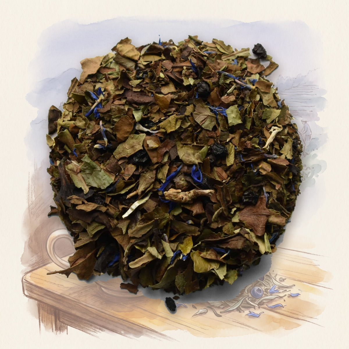 Blueberry White, Organic loose leaf tea, shown over a chalk-and-watercolour illustration