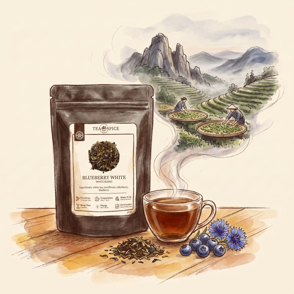Illustration of Blueberry White, Organic in The Tea & Spice Shoppe pouch, with Taimu Mountain in Fuding, Fujian, in early spring