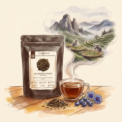 Illustration of Blueberry White, Organic in The Tea & Spice Shoppe pouch, with Taimu Mountain in Fuding, Fujian, in early spring