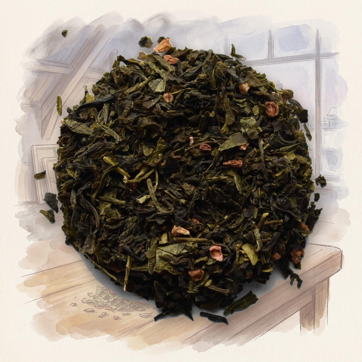 Bohemian Raspberry loose leaf tea, shown over a chalk-and-watercolour illustration