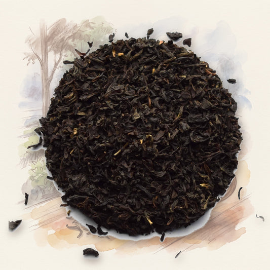 Borengajuli, 2nd Flush loose leaf tea, shown over a chalk-and-watercolour illustration