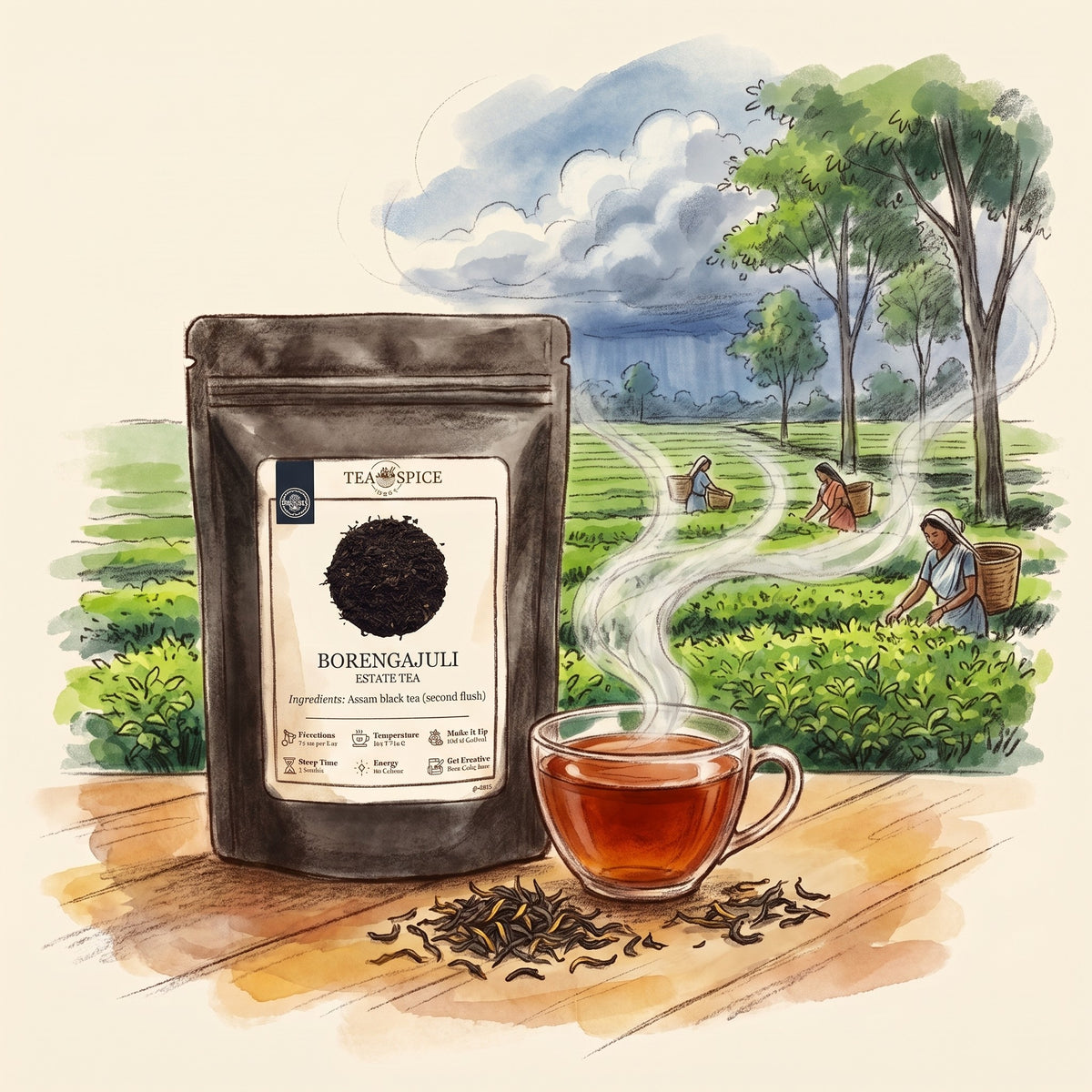 Illustration of Borengajuli, 2nd Flush in The Tea & Spice Shoppe pouch, with a tea garden in Udalguri district on the Brahmaputra plain in early summer