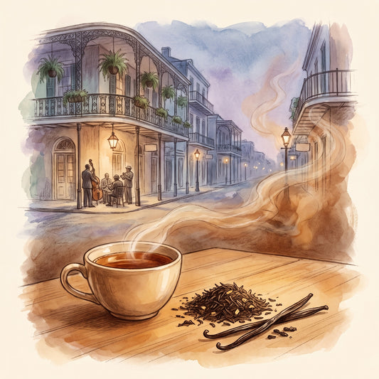 Illustration: Bourbon Street Vanilla with Bourbon Street in New Orleans' French Quarter at dusk