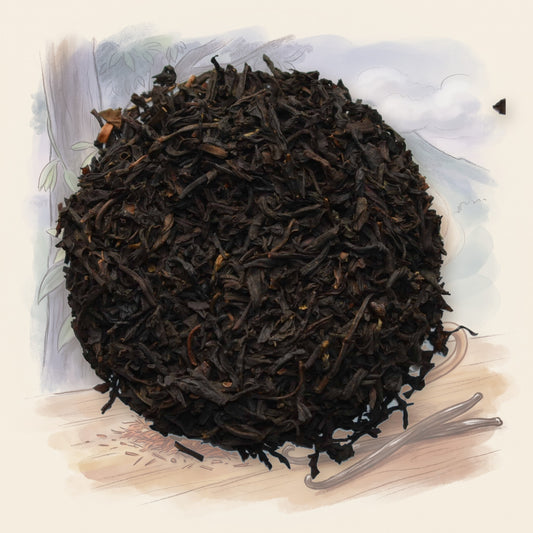 Bourbon Vanilla loose leaf tea, shown over a chalk-and-watercolour illustration