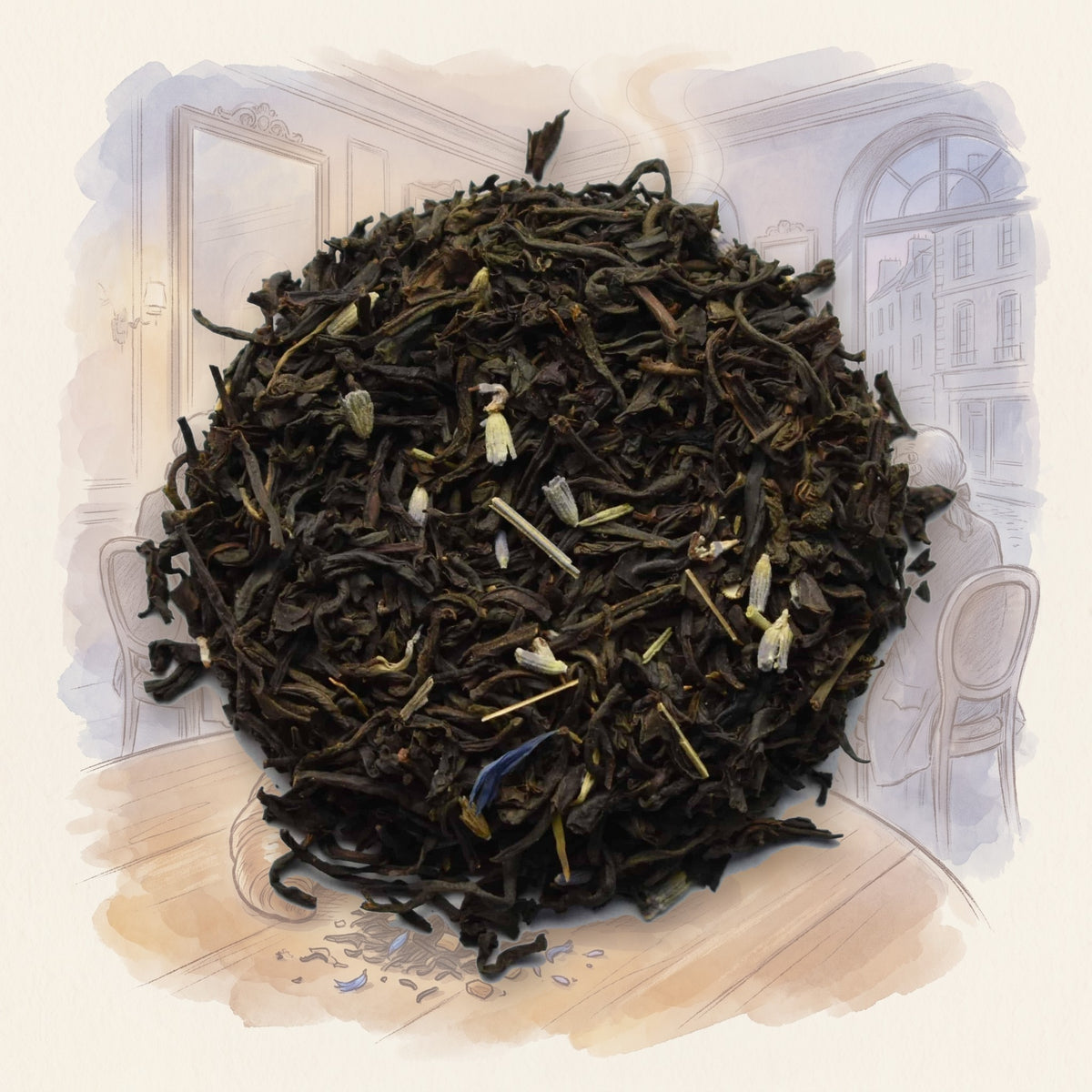 Breakfast In Paris loose leaf tea, shown over a chalk-and-watercolour illustration