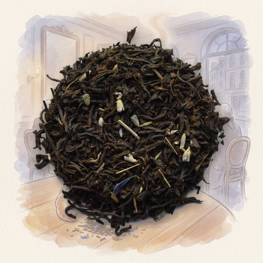 Breakfast In Paris loose leaf tea, shown over a chalk-and-watercolour illustration