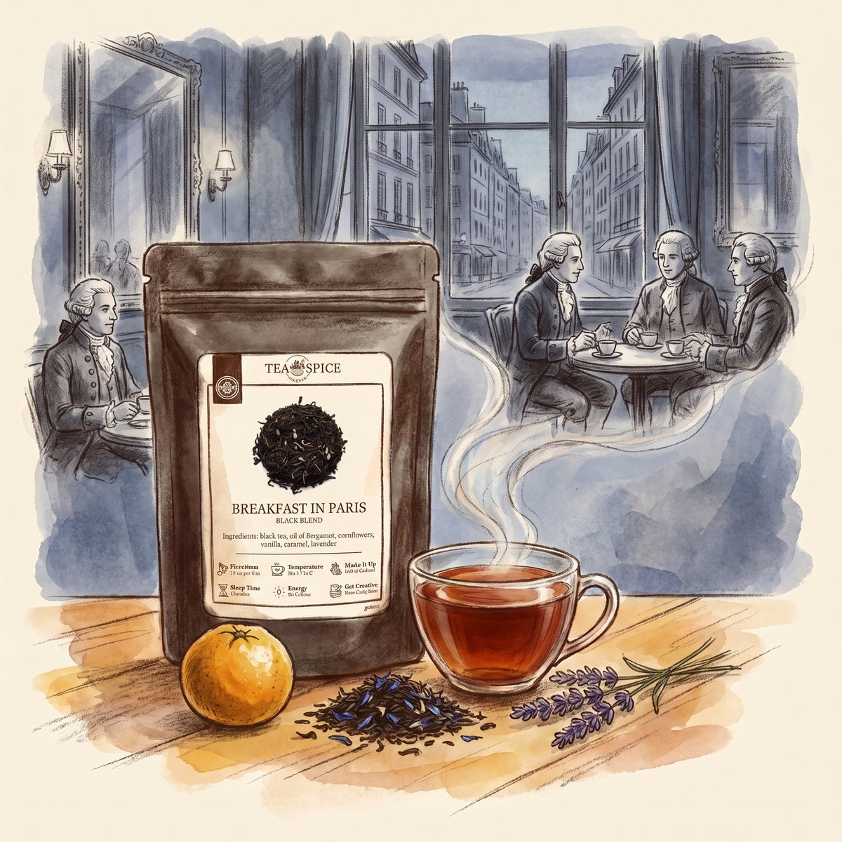 Illustration of Breakfast In Paris in The Tea & Spice Shoppe pouch, with the Café Procope on the Left Bank of Paris in the 1750s