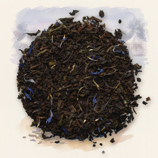 Buckingham Palace Garden Party loose leaf tea, shown over a chalk-and-watercolour illustration