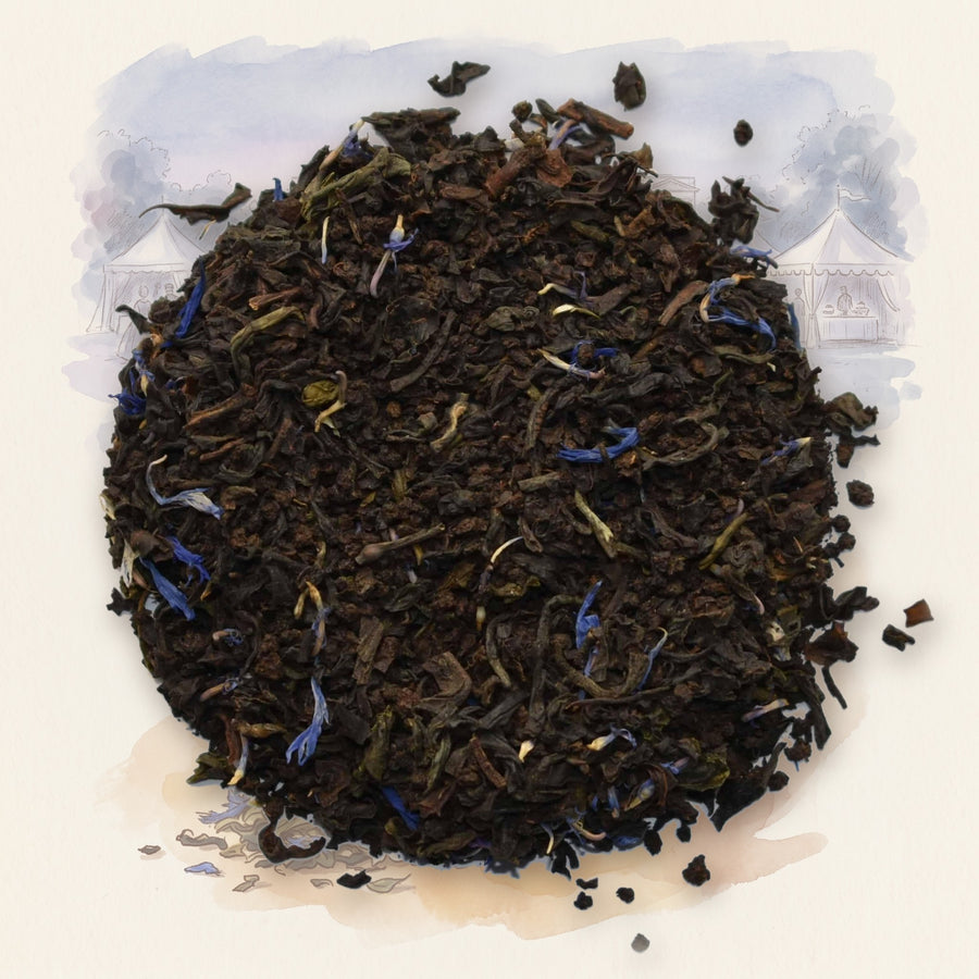 Buckingham Palace Garden Party loose leaf tea, shown over a chalk-and-watercolour illustration