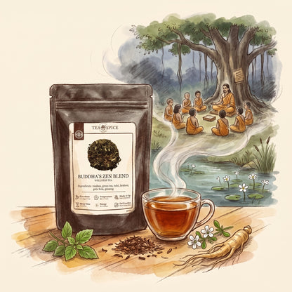 Illustration of Buddha’s Zen Blend in The Tea & Spice Shoppe pouch, with a forest school in ancient India, as the lore tells it