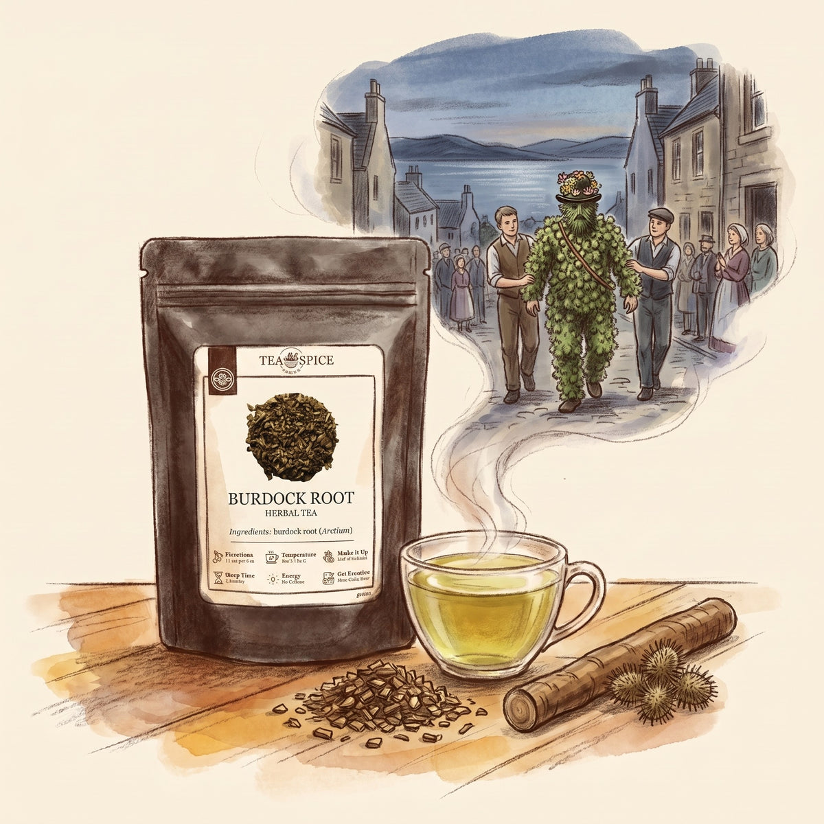 Illustration of Burdock Root, Organic in The Tea & Spice Shoppe pouch, with South Queensferry, Scotland, on the second Friday of August