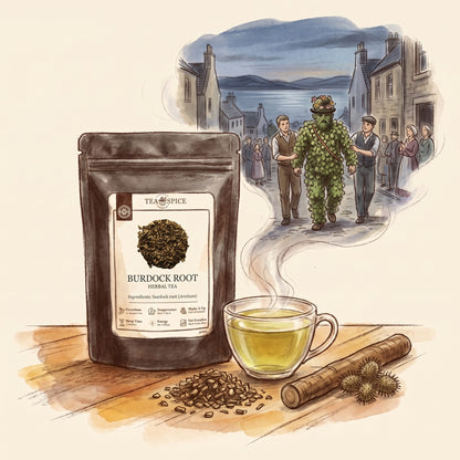 Illustration of Burdock Root, Organic in The Tea & Spice Shoppe pouch, with South Queensferry, Scotland, on the second Friday of August