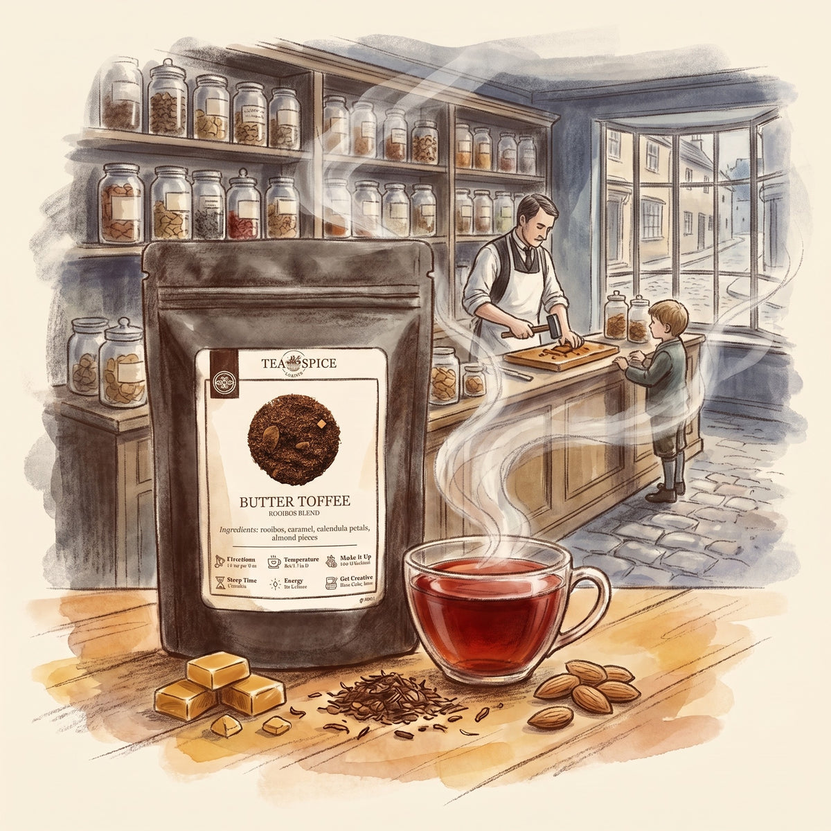Illustration of Butter Toffee in The Tea & Spice Shoppe pouch, with an English village sweet shop of the early 1900s