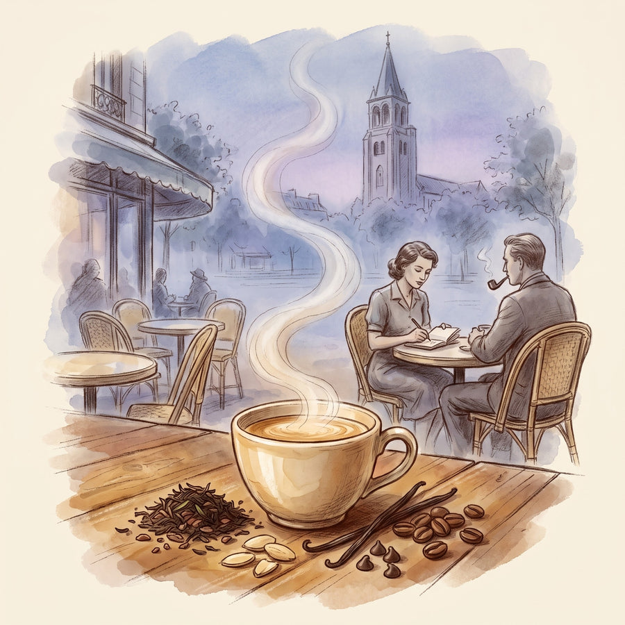 Illustration: Café Latte with the terrace of Les Deux Magots on the Left Bank of Paris in the 1940s