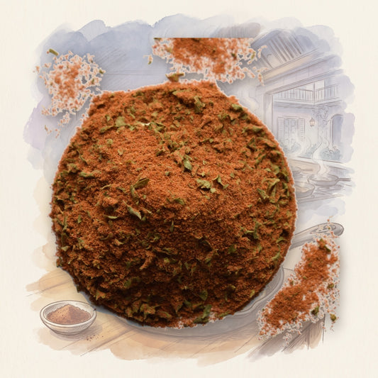 Cajun Blackening Spice Blend spice, shown over a chalk-and-watercolour illustration