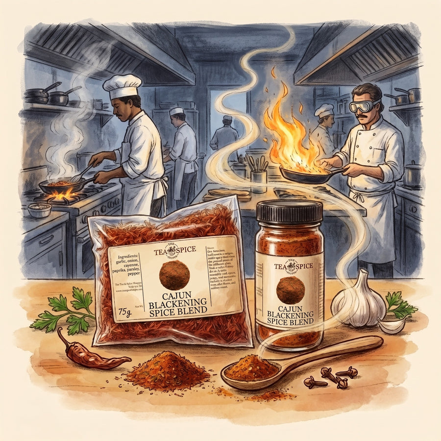 Illustration of Cajun Blackening Spice Blend in The Tea & Spice Shoppe bag and jar, with a small, busy French Quarter restaurant kitchen in New Orleans around 1980