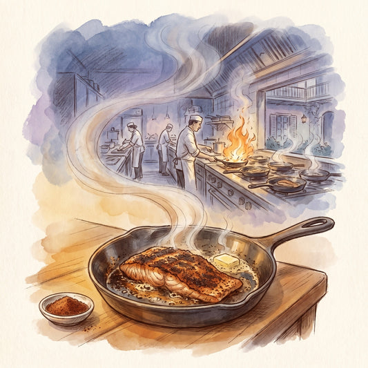 Illustration: Cajun Blackening Spice Blend with a small, busy French Quarter restaurant kitchen in New Orleans around 1980