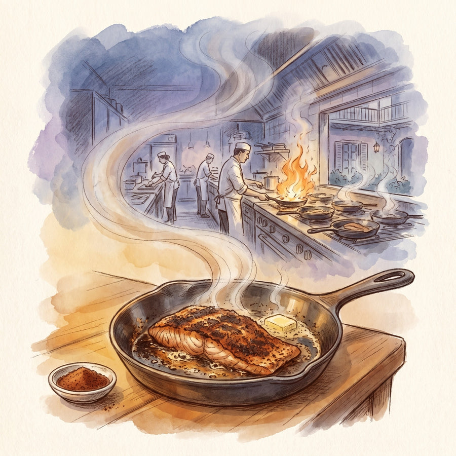 Illustration: Cajun Blackening Spice Blend with a small, busy French Quarter restaurant kitchen in New Orleans around 1980