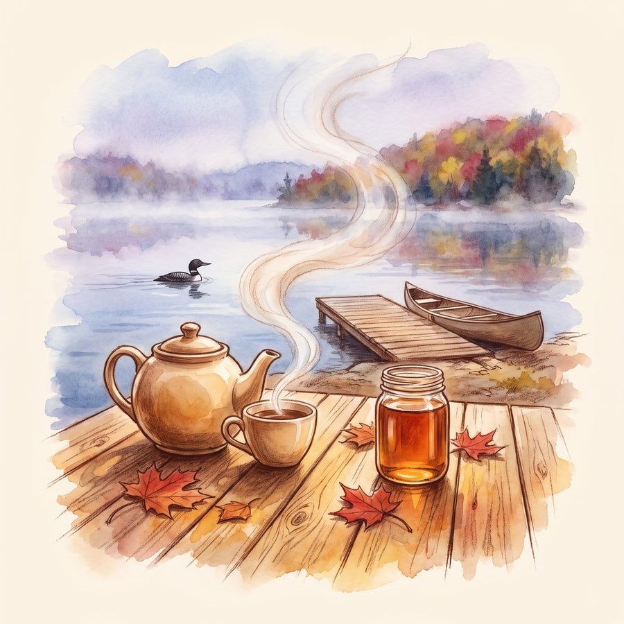 Illustration: Canadian Flavours Tea Set: Maple, Icewine & Bella Coola, a teapot and maple syrup on a dock, a Muskoka lake in October beyond