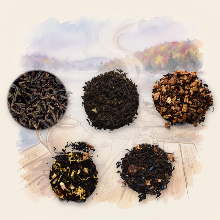 Canadian Flavours Tea Set: Maple, Icewine & Bella Coola: Smoked Maple Oolong, Organic, Icewine, Bella Coola, Maple Peach and Maple, Eh! Organic, shown over a chalk-and-watercolour illustration