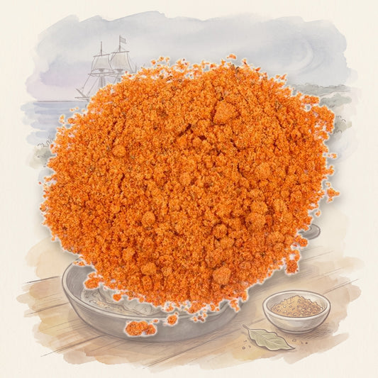 Cape Cod Fish Seasoning spice, shown over a chalk-and-watercolour illustration