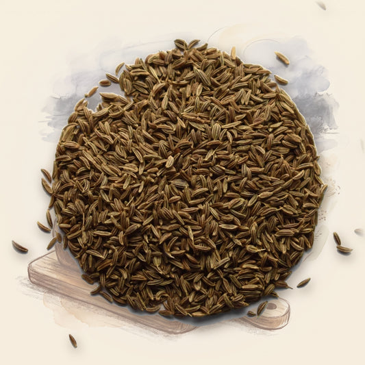 Caraway Seed, Whole spice, shown over a chalk-and-watercolour illustration