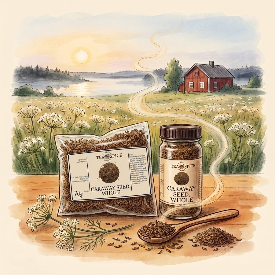 Illustration of Caraway Seed, Whole in The Tea & Spice Shoppe bag and jar, with a Finnish farm on a white summer night