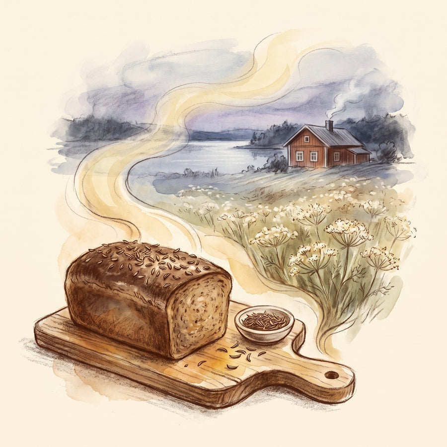 Illustration: Caraway Seed, Whole with a Finnish farm on a white summer night