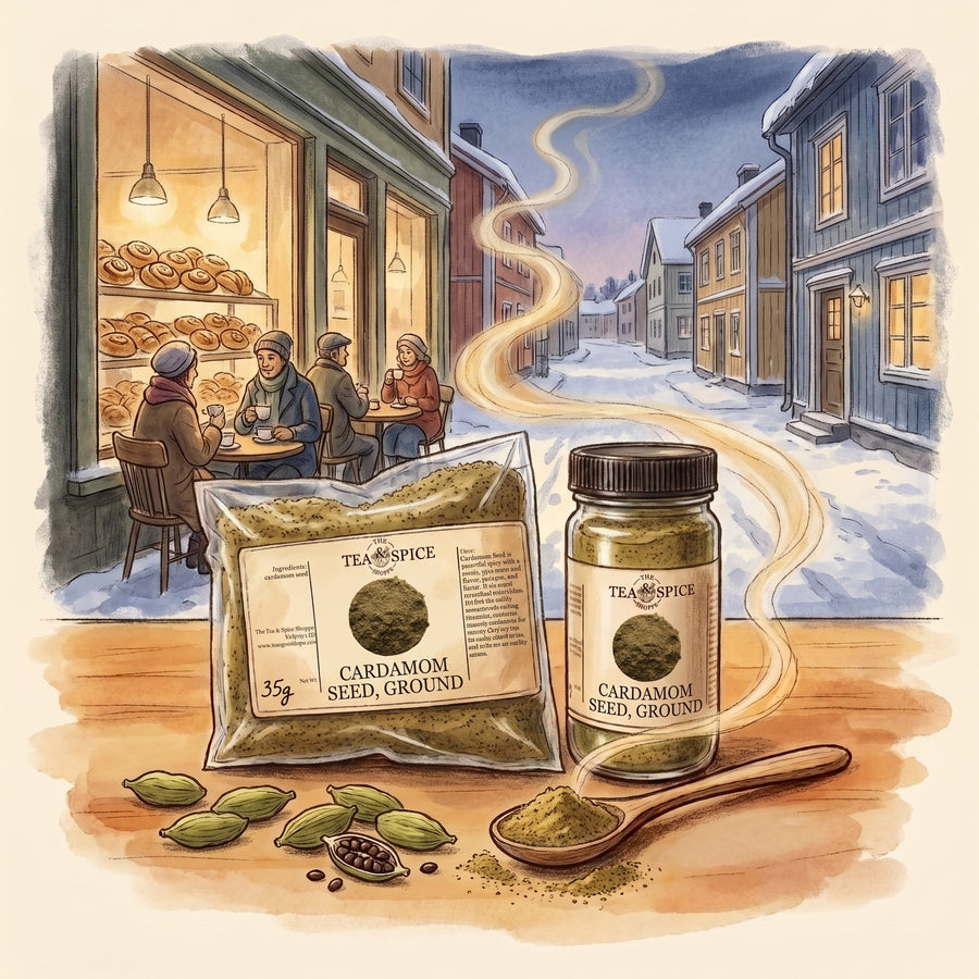 Illustration of Cardamom Seed, Ground in The Tea & Spice Shoppe bag and jar, with a Swedish town in winter