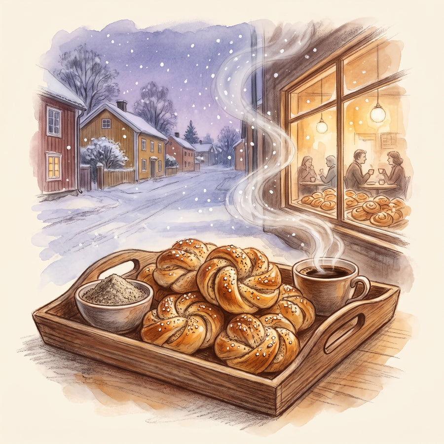 Illustration: Cardamom Seed, Ground with a Swedish town in winter