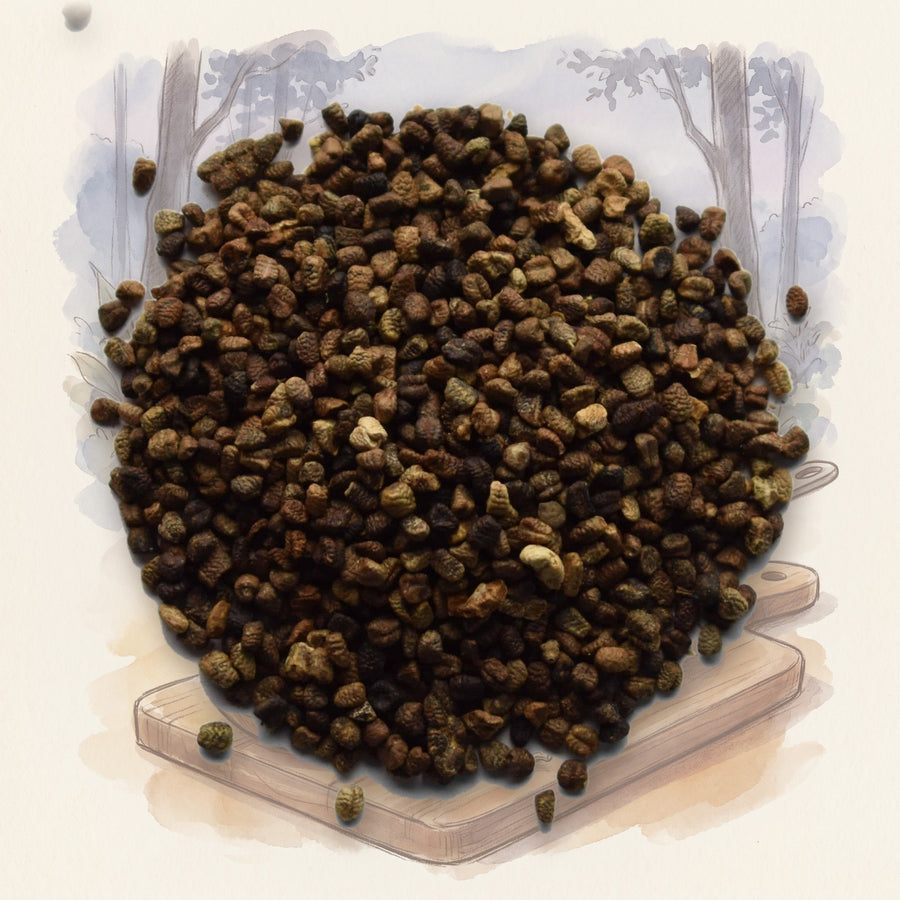 Cardamom Seed, Whole spice, shown over a chalk-and-watercolour illustration